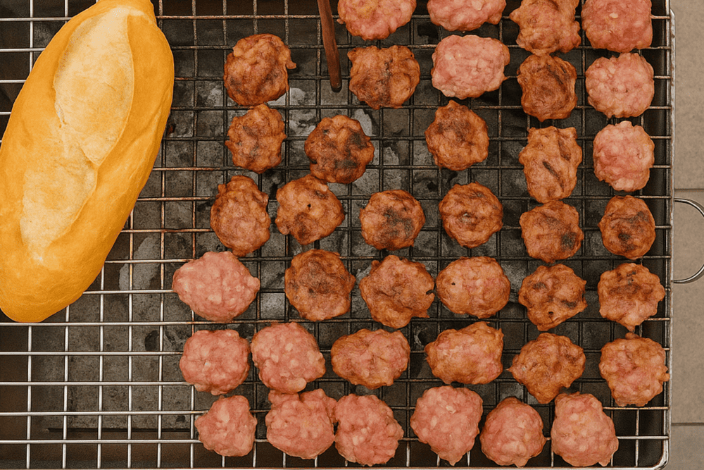 The pork meatballs are hand-rolled and grilled directly over charcoal before being placed into the banh mi